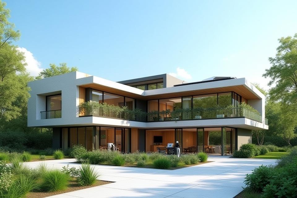 Architectural rendering of a modern, eco-friendly smart home with large windows and lush greenery.
