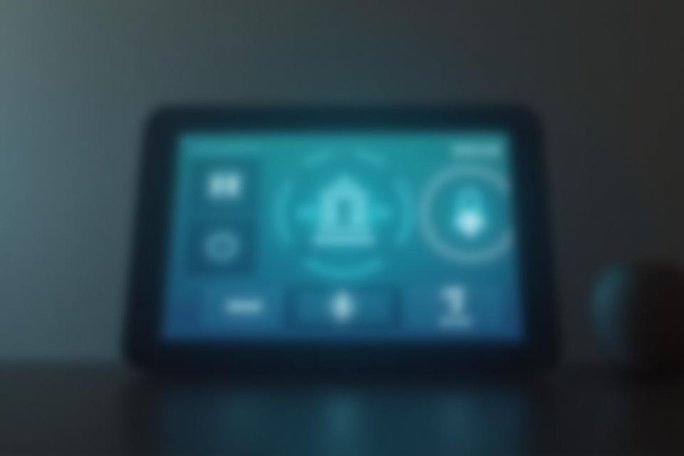 A modern smart home interface showing various controls for lighting, climate, and security, subtly in the background.