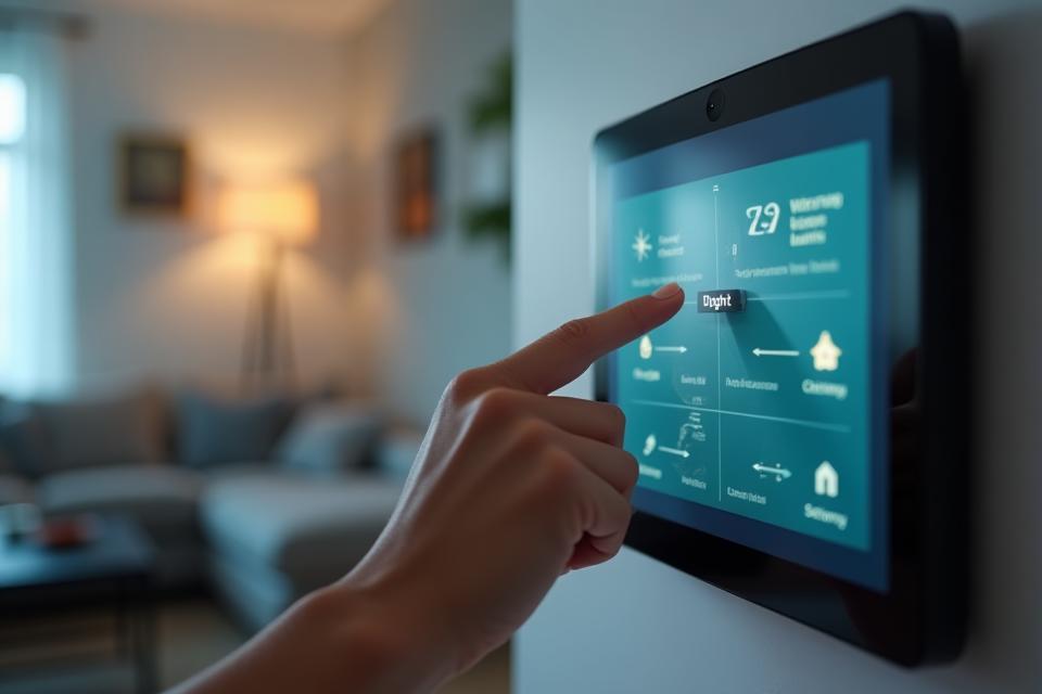 A hand interacting with a sleek smart home control panel displaying various settings.