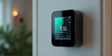 A sleek smart thermostat display showing energy savings and optimal room temperature.