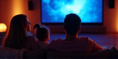 A family enjoying an immersive movie experience in a smart home theater with automated lighting and surround sound.