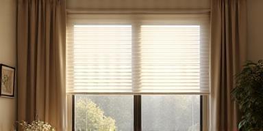 Automated smart blinds closing gracefully in a modern living room, offering convenience and privacy.