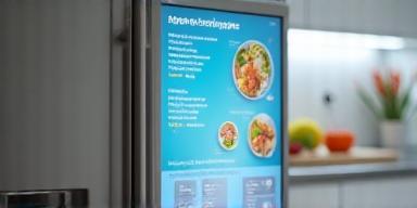 A smart refrigerator screen displaying recipes and inventory, highlighting kitchen connectivity.