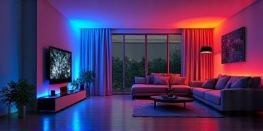 Smart LED lights illuminating a living room in various colors, creating a dynamic ambiance.