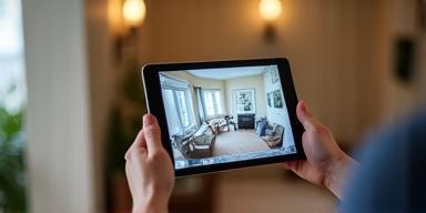 A person checking their smart home security camera feed on a tablet, showcasing remote monitoring capabilities.